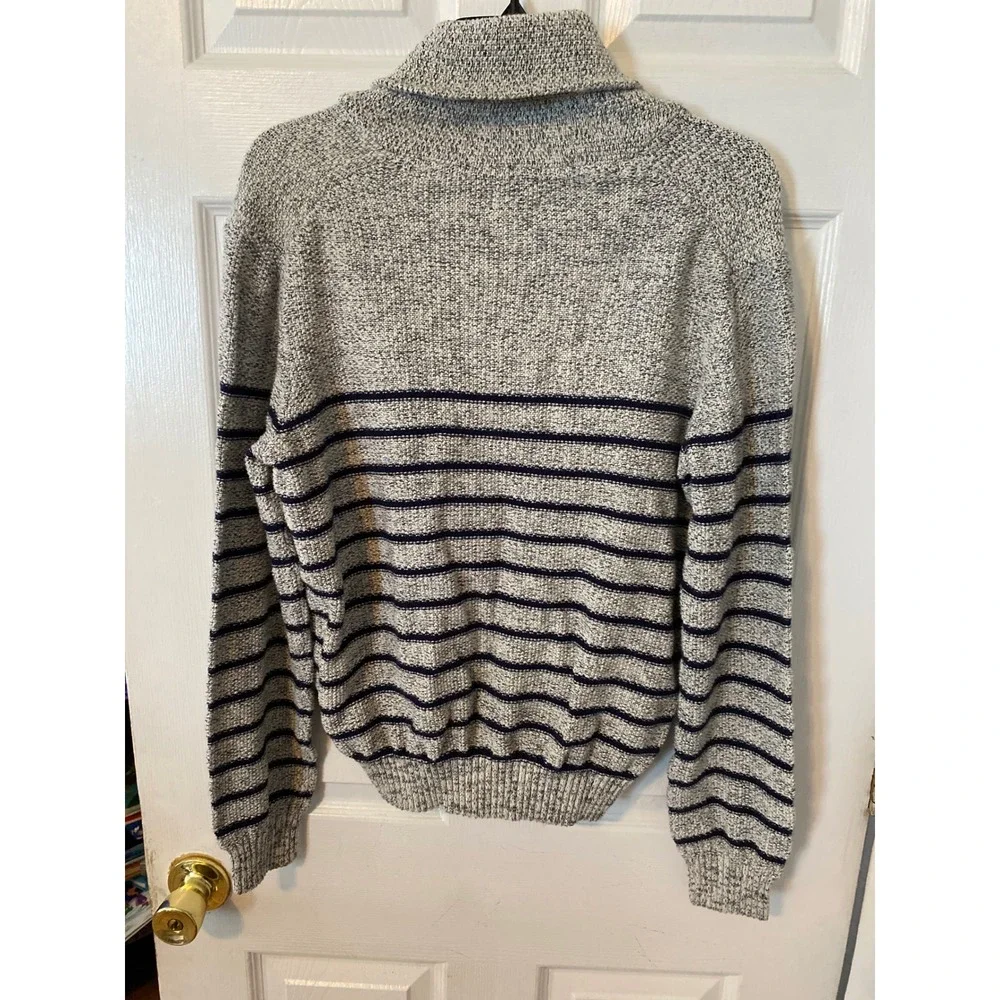 IZOD Mens Cowl Neck Sweater Gray Blue Striped Marled Knit Pullover Medium